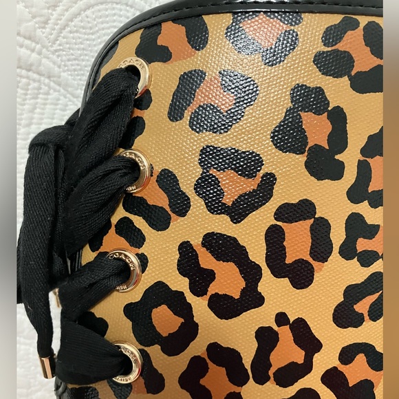 COACH Leopard/Solid Black Rain Boots with Gold Coach Grommets, Black/Gold Laces - Picture 8 of 16